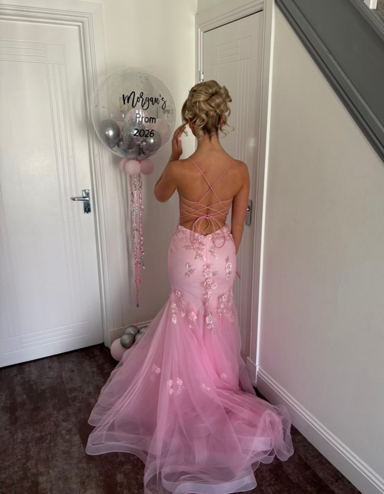 Spaghetti Straps Pink Tulle Mermaid Prom Dress With Appliques  P1559