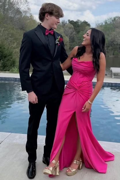 Spaghetti Straps Pleats Satin Prom Dress With Slit  P2565