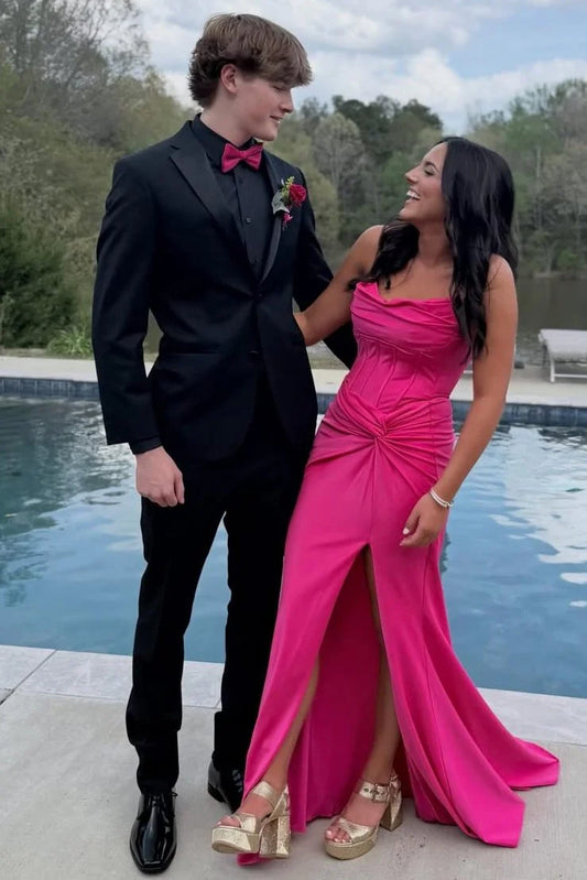 Spaghetti Straps Pleats Satin Prom Dress With Slit  P2565
