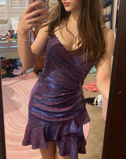 Spaghetti Straps Purple Homecoming Dress Sparkle Birthday Dress  P1571