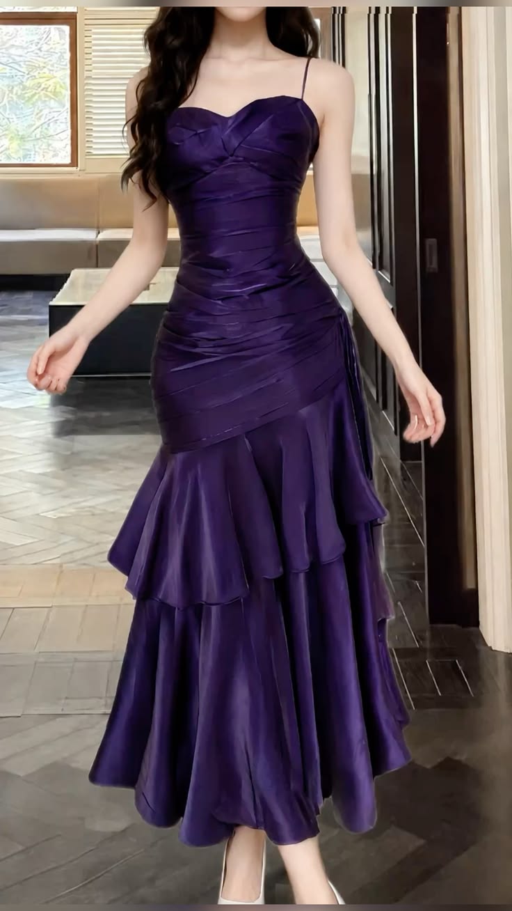 Spaghetti Straps Purple Satin Formal Prom Dress Ruffled Evening Gowns   P1805