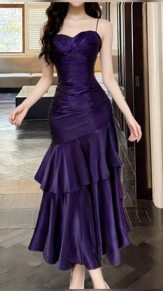 Spaghetti Straps Purple Satin Formal Prom Dress Ruffled Evening Gowns   P1805