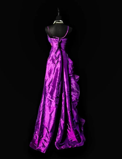 Spaghetti Straps Purple Satin Prom Dress Ruffled Evening Gown  P1781