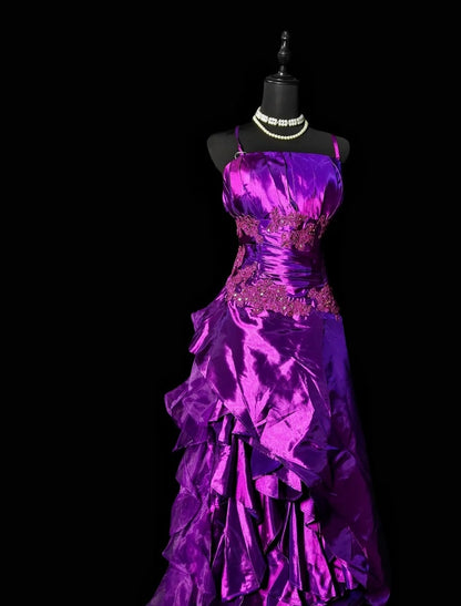 Spaghetti Straps Purple Satin Prom Dress Ruffled Evening Gown  P1781