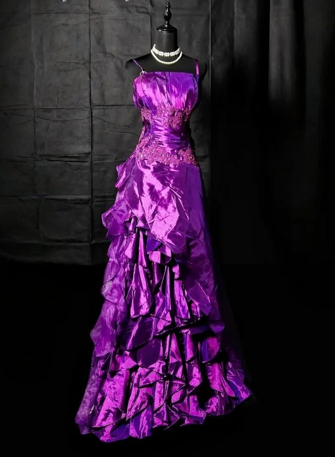 Spaghetti Straps Purple Satin Prom Dress Ruffled Evening Gown  P1781