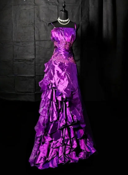 Spaghetti Straps Purple Satin Prom Dress Ruffled Evening Gown  P1781