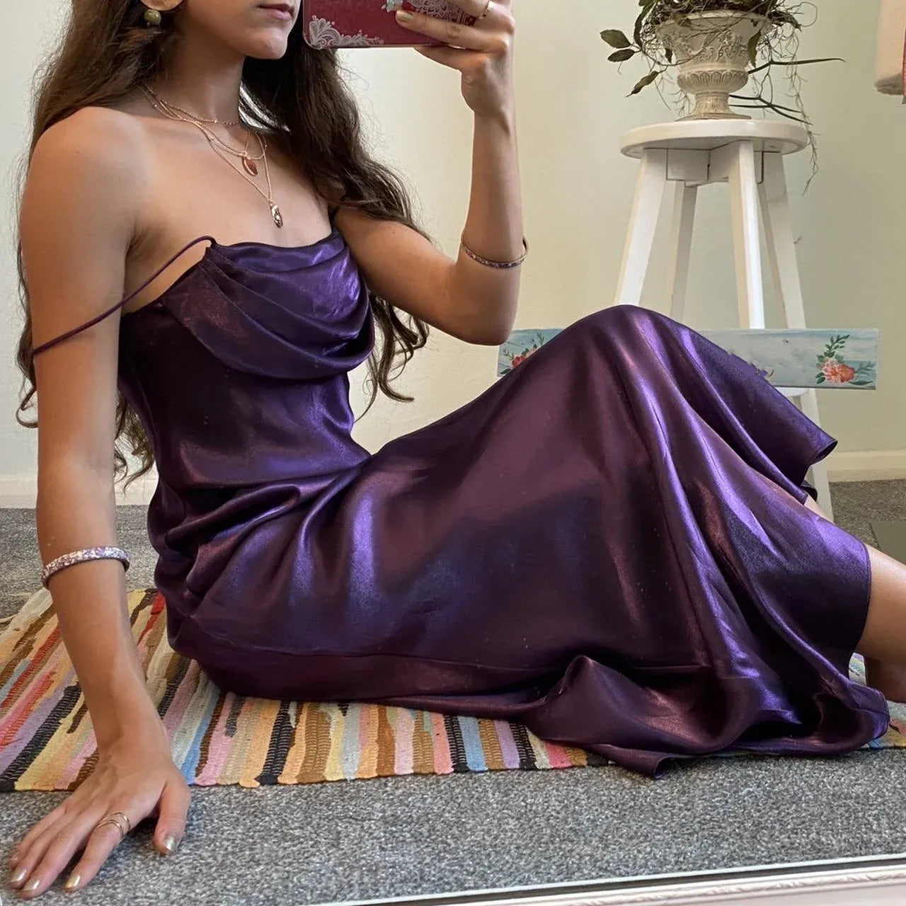 Spaghetti Straps Purple Sheath Prom Dress Satin Evening Dress P720