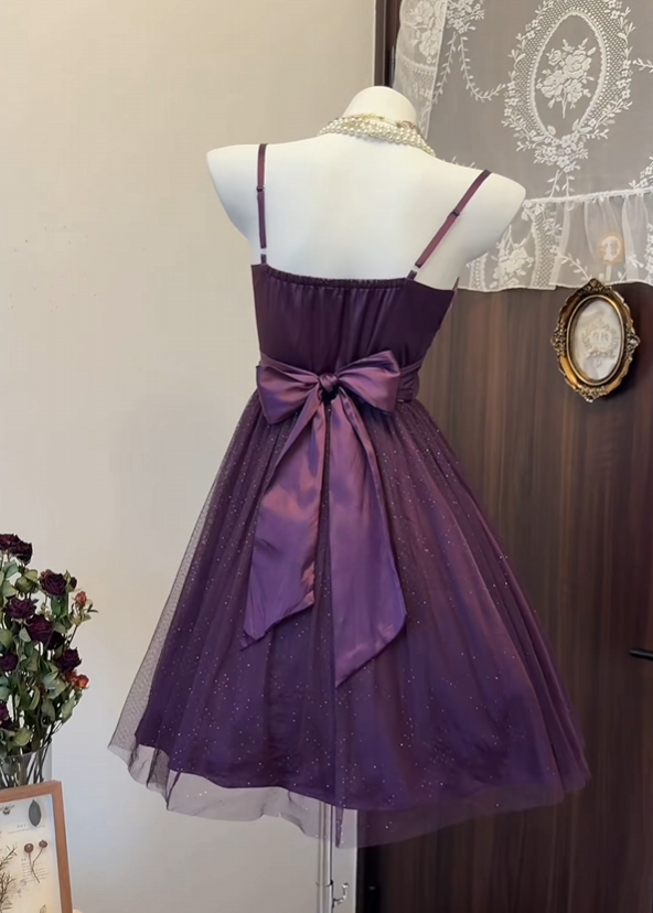 Spaghetti Straps Purple Tulle Homecoming Dress Short Party Dress P2647
