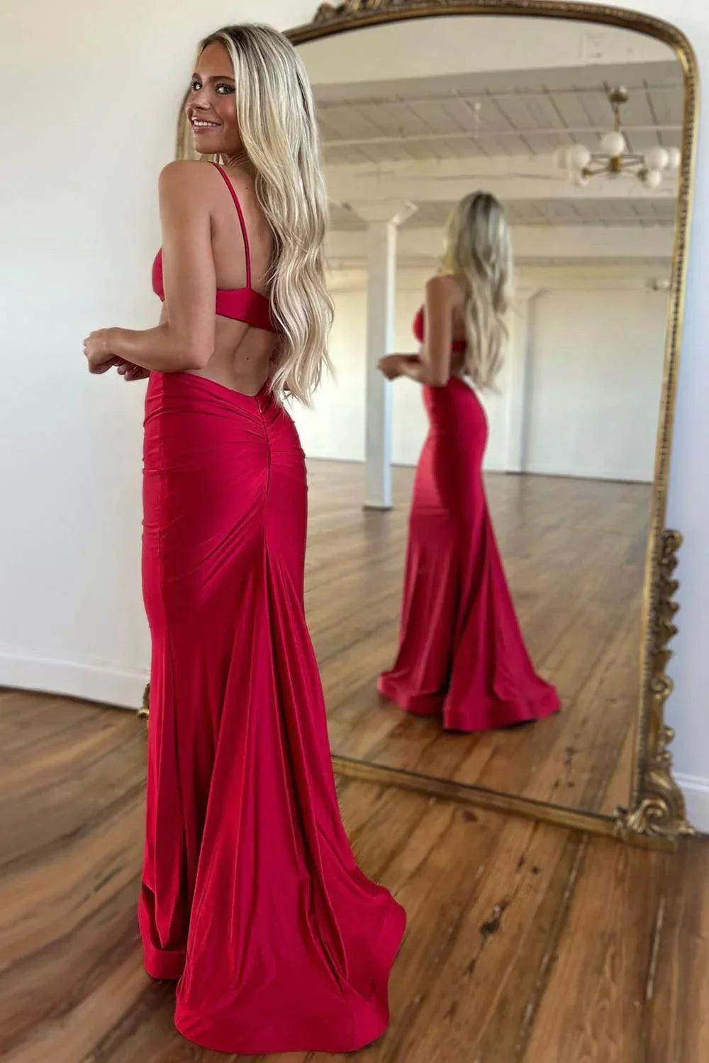 Spaghetti Straps Red Backless Prom Dress Satin Formal Dress  P957