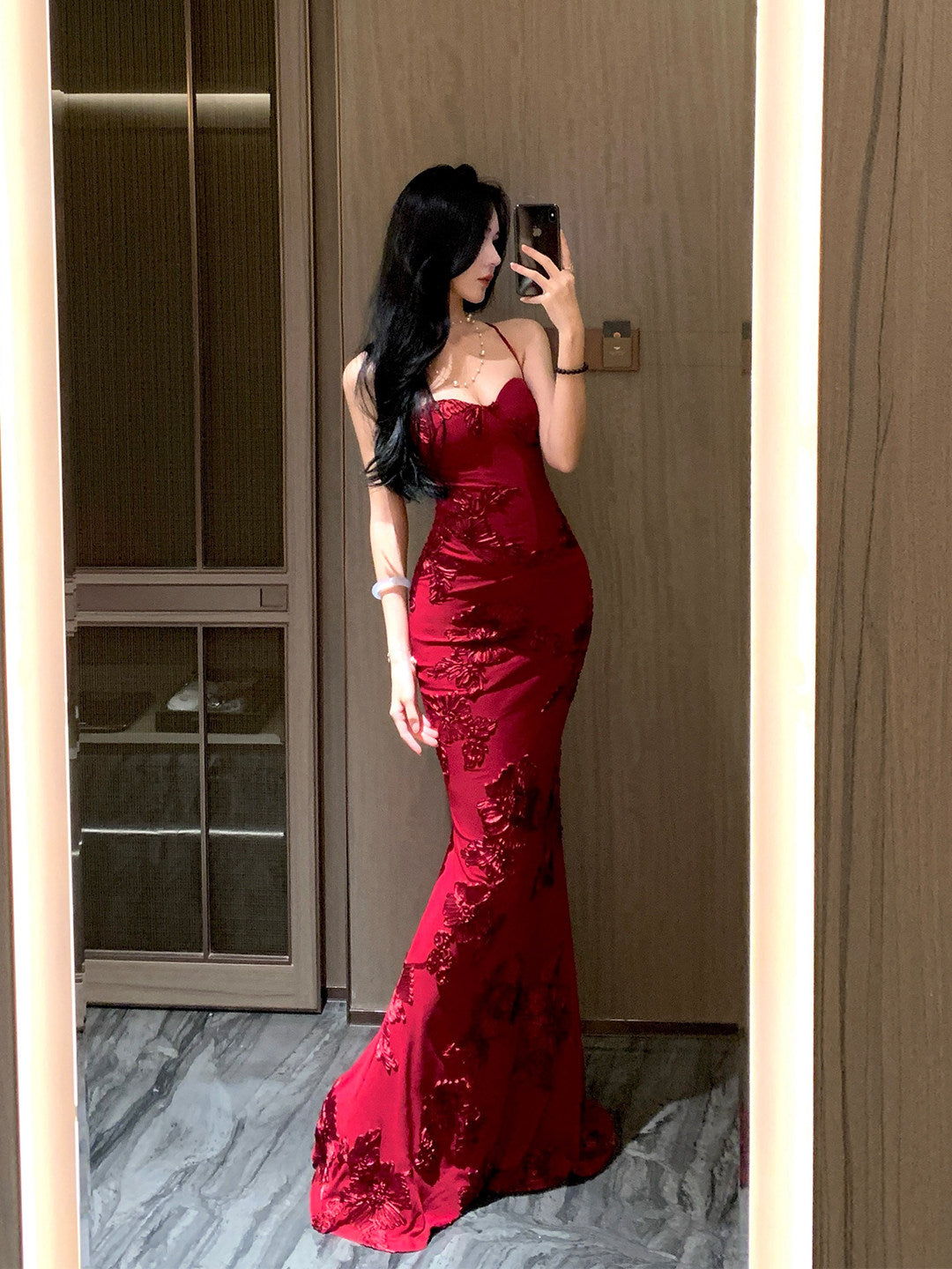 Spaghetti Straps Red Mermaid Prom Dress Backless Evening Dress  L65