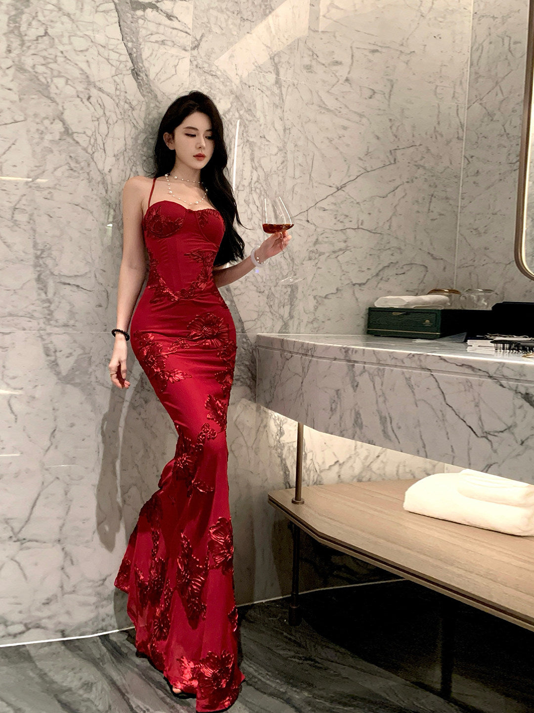 Spaghetti Straps Red Mermaid Prom Dress Backless Evening Dress  L65