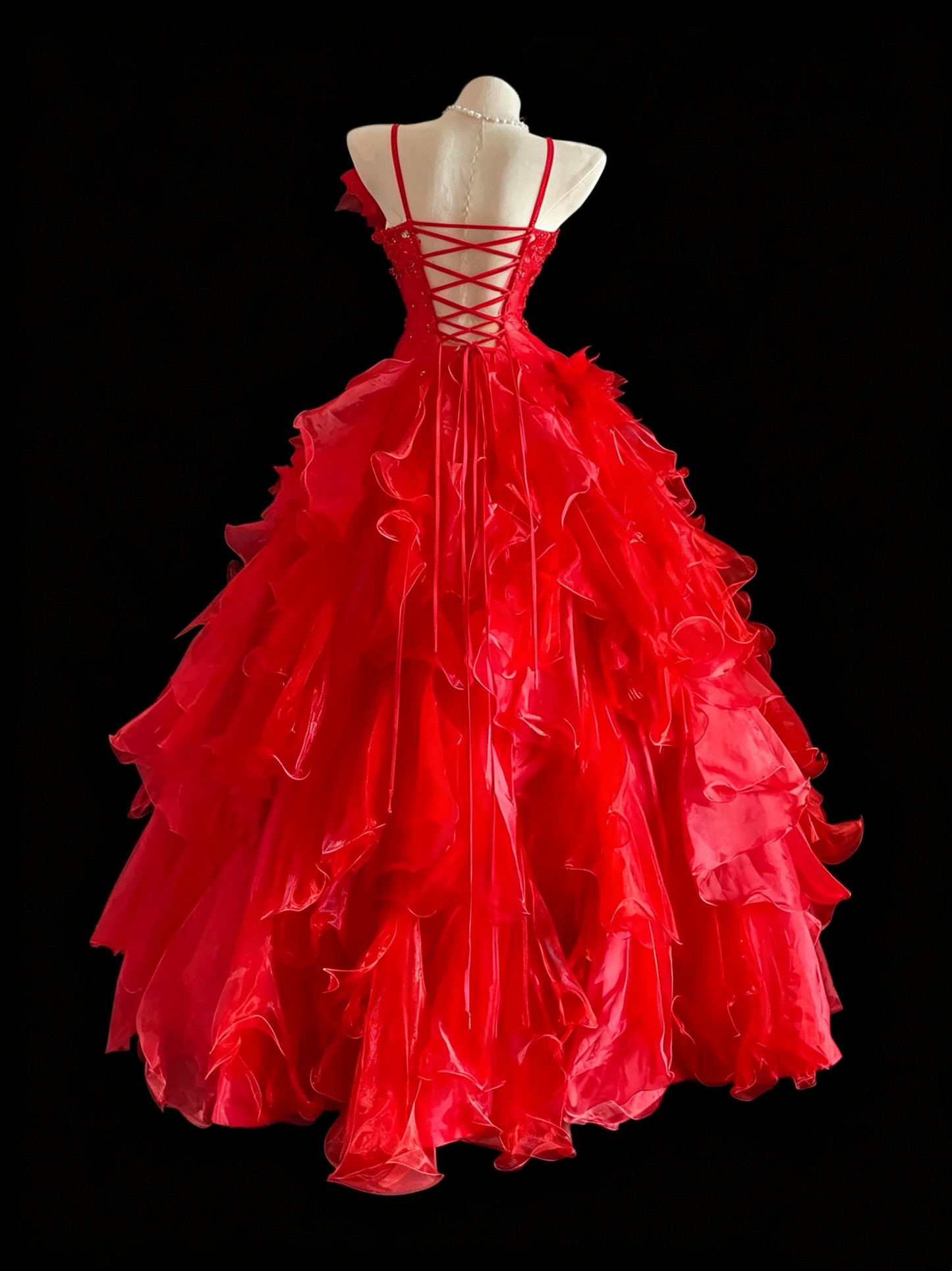 Spaghetti Straps Red Ruffled Prom Dress A Line Birthday Dress  P1674