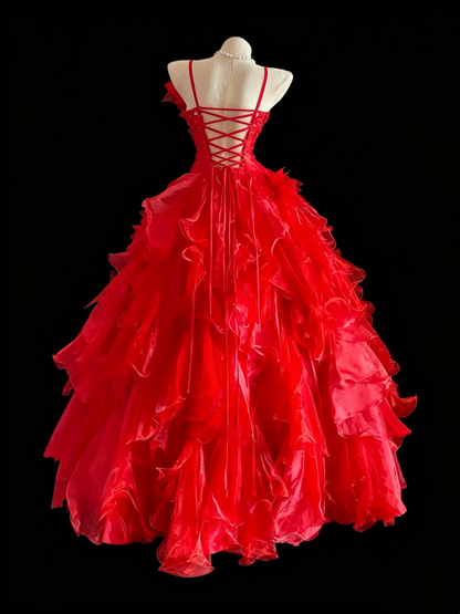 Spaghetti Straps Red Ruffled Prom Dress A Line Birthday Dress  P1674