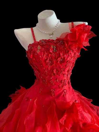 Spaghetti Straps Red Ruffled Prom Dress A Line Birthday Dress  P1674
