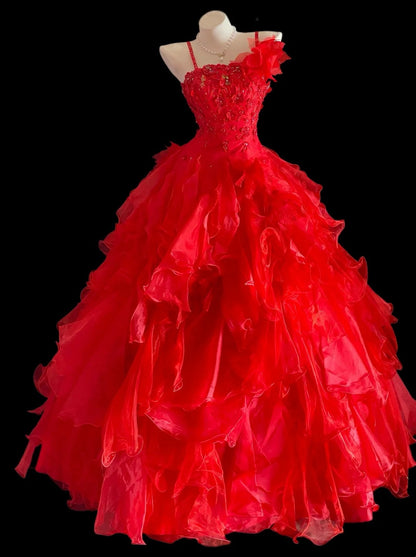 Spaghetti Straps Red Ruffled Prom Dress A Line Birthday Dress  P1674