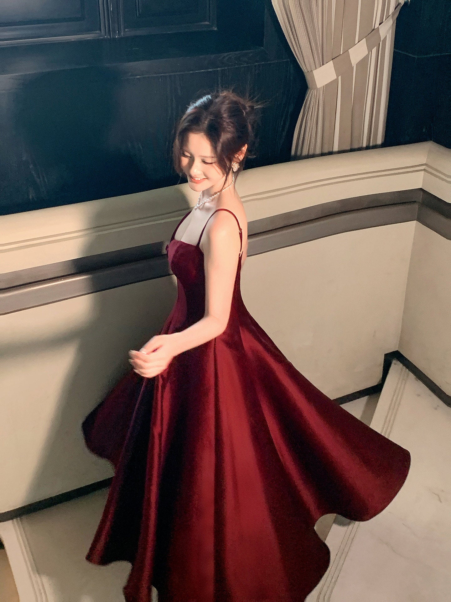 Spaghetti Straps Red Satin Dress A Line Evening Dress  P681