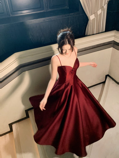 Spaghetti Straps Red Satin Dress A Line Evening Dress  P681