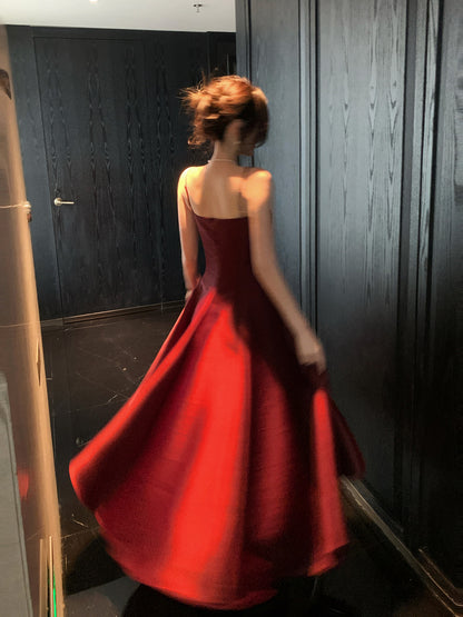 Spaghetti Straps Red Satin Dress A Line Evening Dress  P681