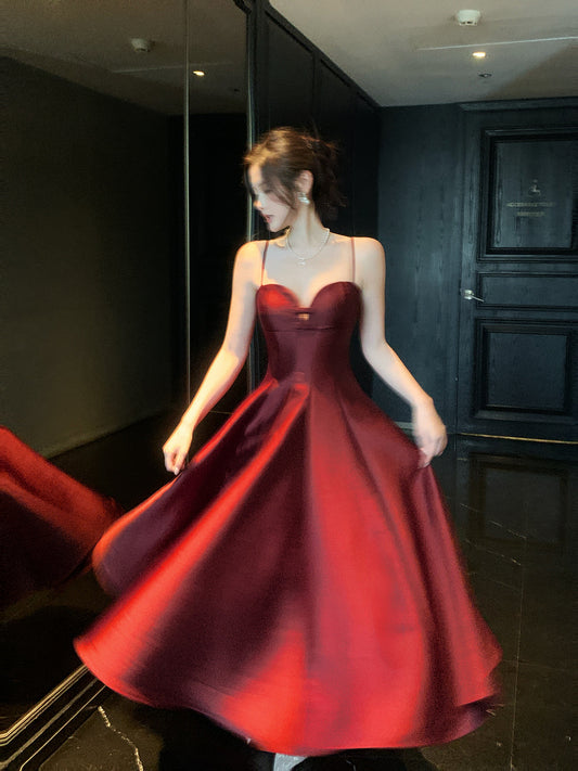 Spaghetti Straps Red Satin Dress A Line Evening Dress  P681