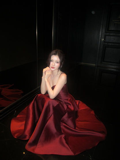Spaghetti Straps Red Satin Dress A Line Evening Dress  P681