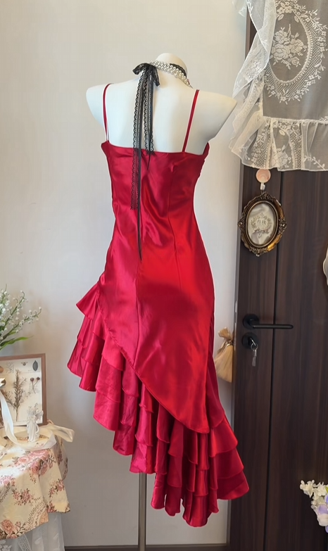 Spaghetti Straps Red Satin Homecoming Dress Ruffled Birthday Dress  P2028