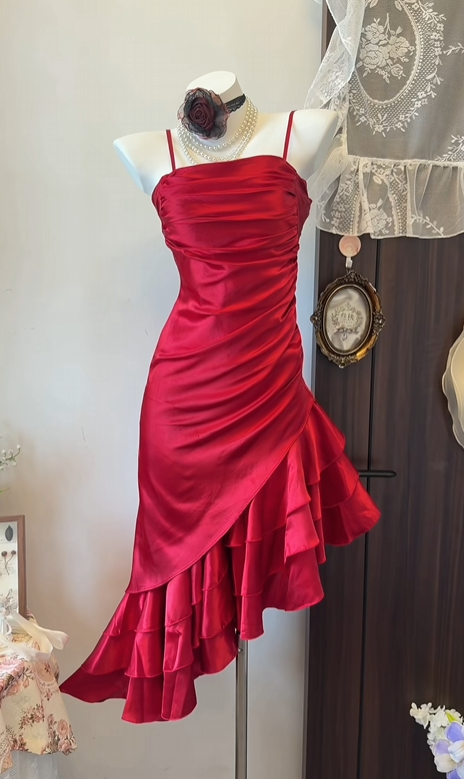 Spaghetti Straps Red Satin Homecoming Dress Ruffled Birthday Dress  P2028