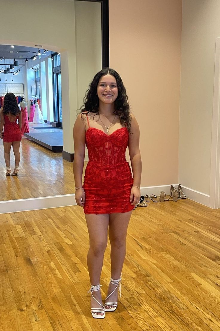 Spaghetti Straps Red Sheath Appliqued Mini Homecoming Dress  P2343