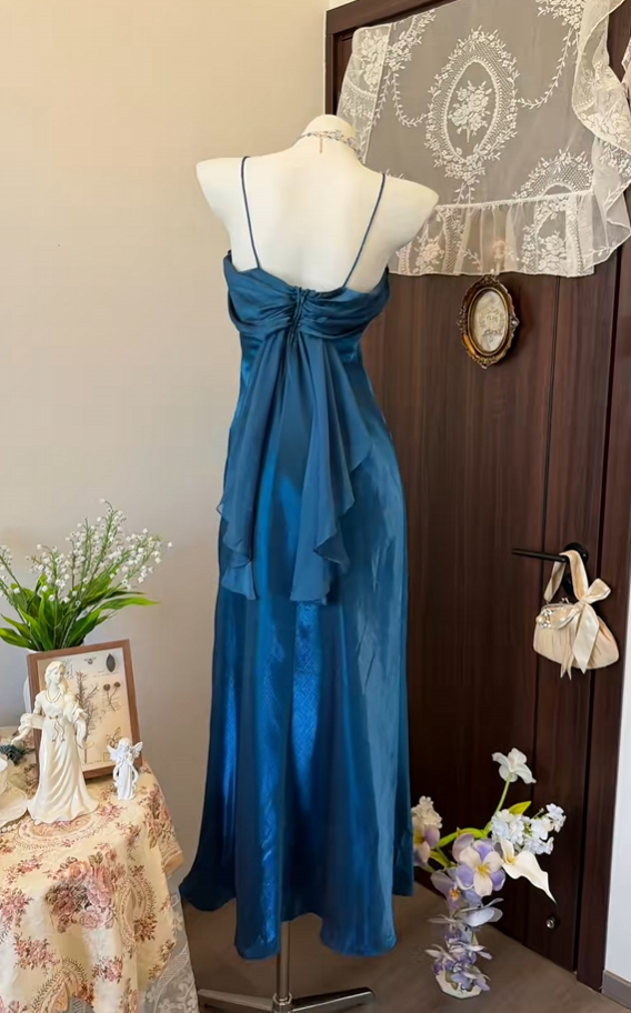 Spaghetti Straps Retro Blue Long Evening Gown  P2639