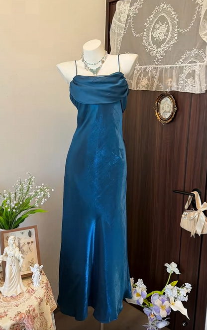 Spaghetti Straps Retro Blue Long Evening Gown  P2639