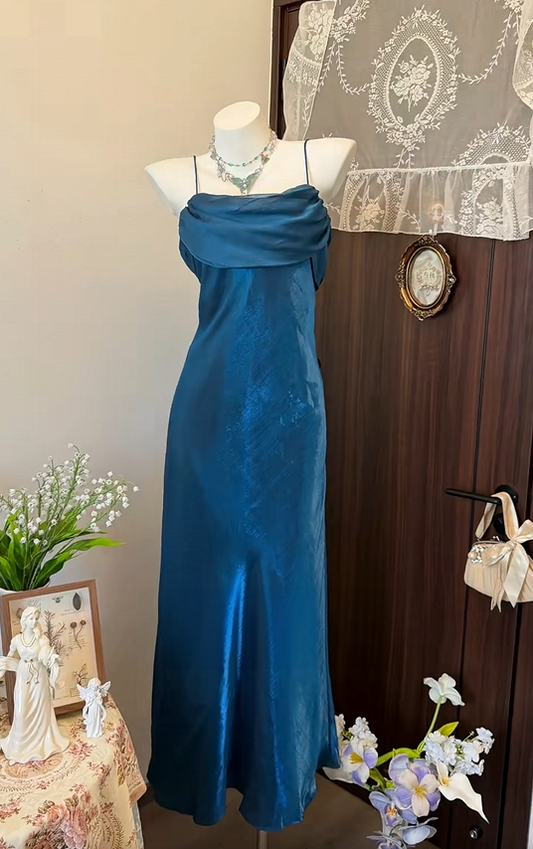 Spaghetti Straps Retro Blue Long Evening Gown  P2639