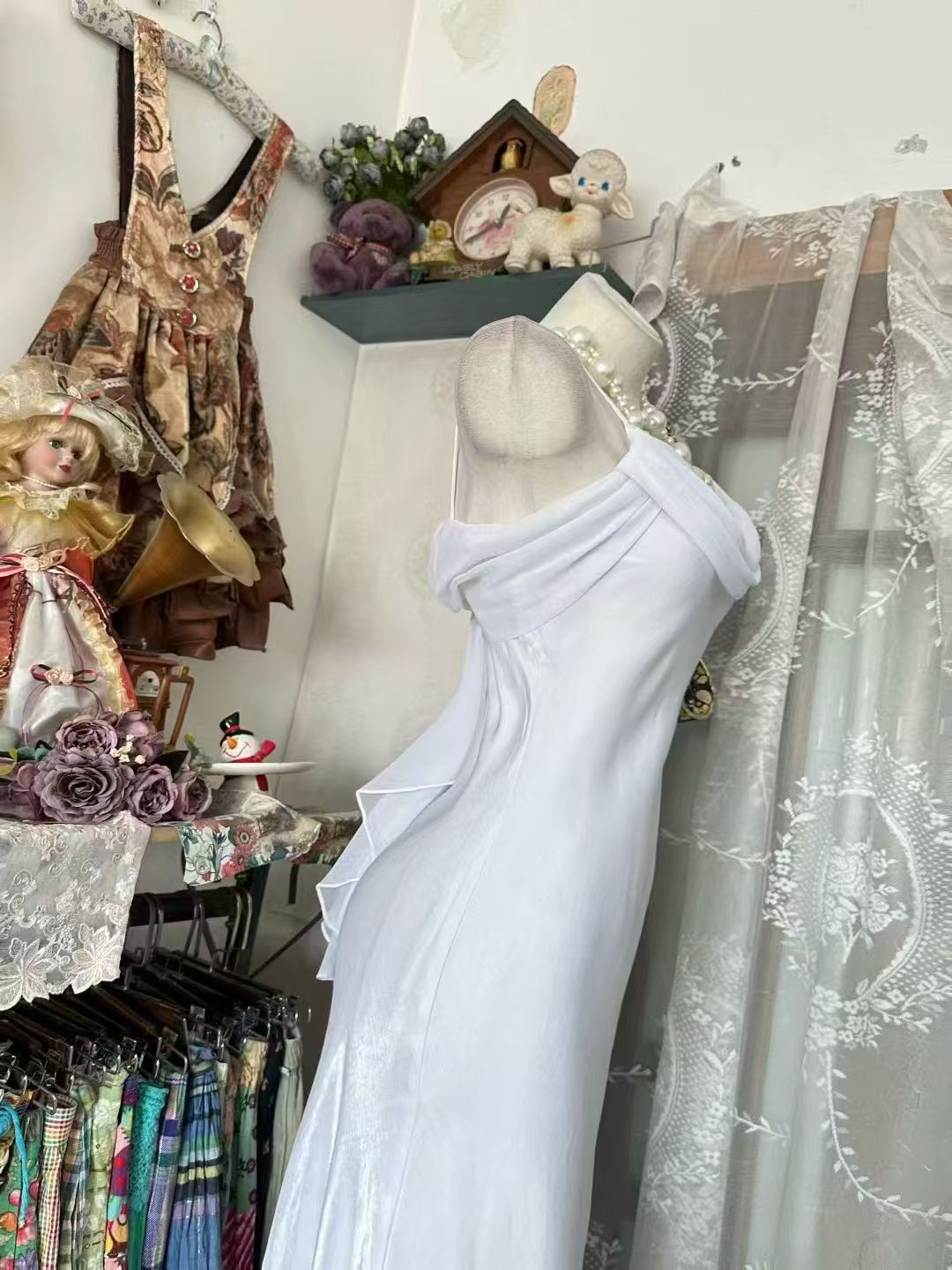 Spaghetti Straps Retro White Mermaid Formal Prom Dress  P1956