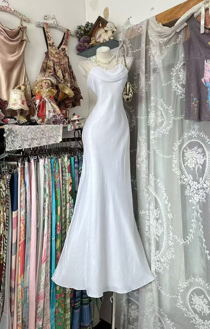Spaghetti Straps Retro White Mermaid Formal Prom Dress  P1956