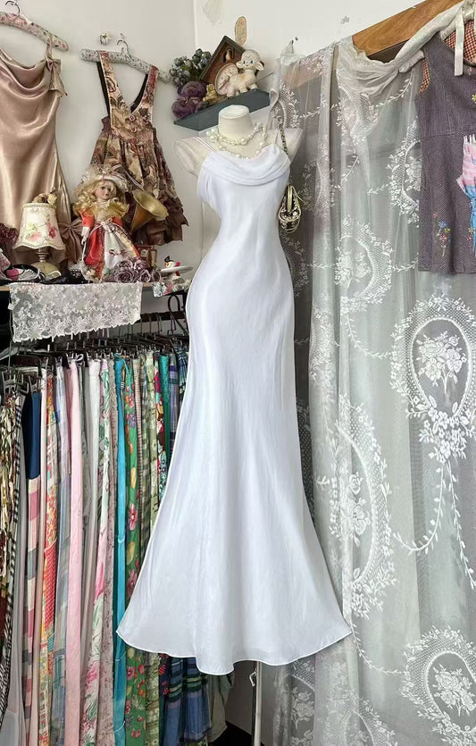 Spaghetti Straps Retro White Mermaid Formal Prom Dress  P1956