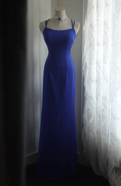 Spaghetti Straps Royal Blue Mermaid Prom Dress Open Back Evening Gown  P2053