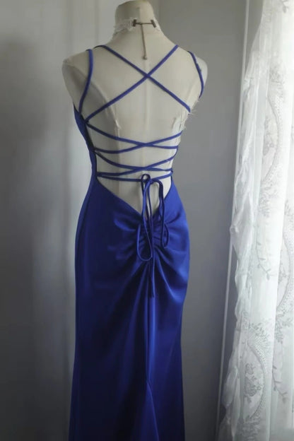 Spaghetti Straps Royal Blue Mermaid Prom Dress Open Back Evening Gown  P2053