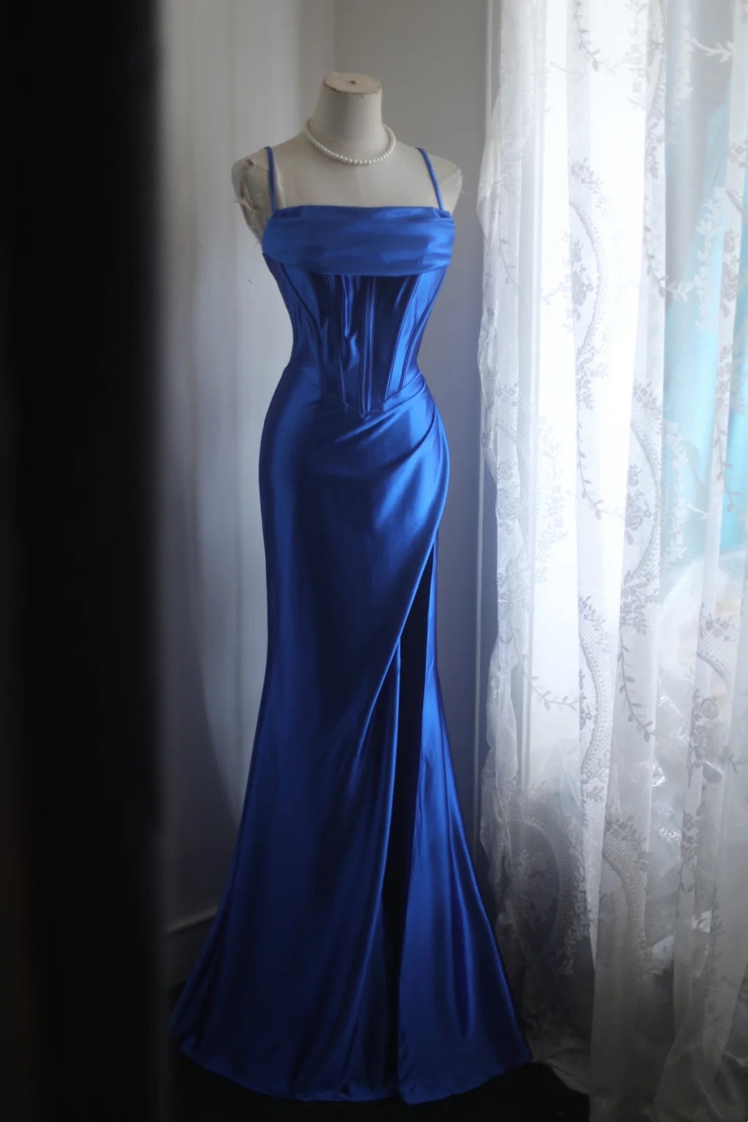 Spaghetti Straps Royal Blue Satin Formal Prom Dress With Slit  P1888