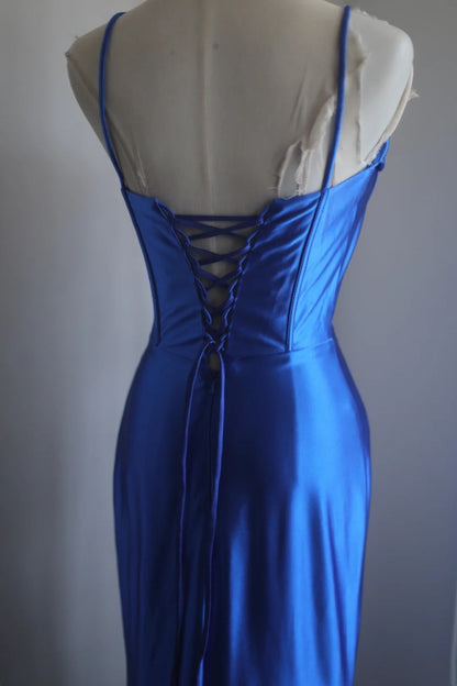 Spaghetti Straps Royal Blue Satin Formal Prom Dress With Slit  P1888