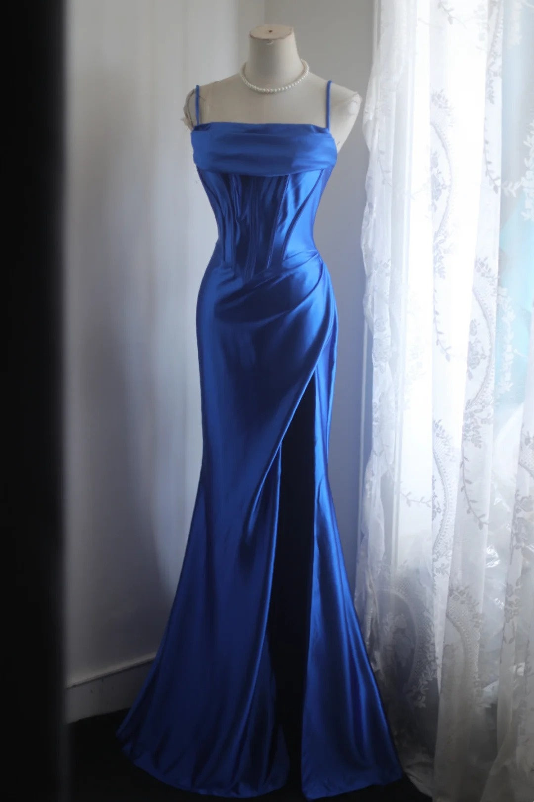 Spaghetti Straps Royal Blue Satin Formal Prom Dress With Slit  P1888