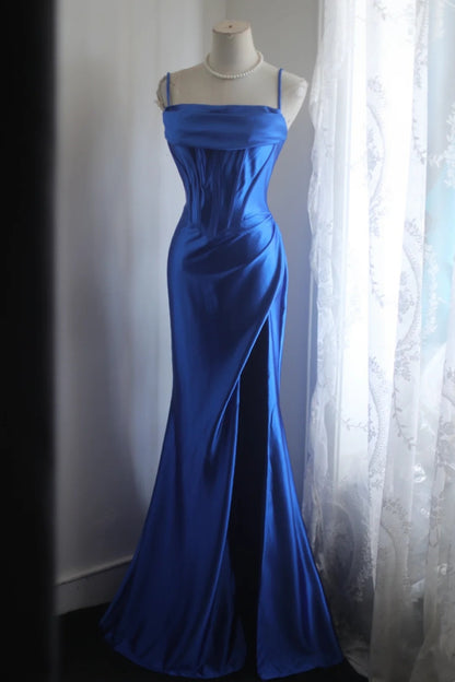 Spaghetti Straps Royal Blue Satin Formal Prom Dress With Slit  P1888