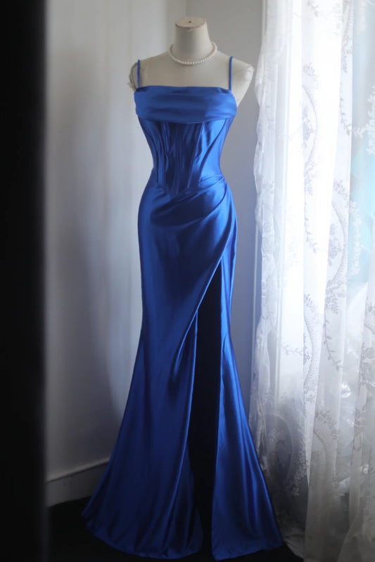 Spaghetti Straps Royal Blue Satin Formal Prom Dress With Slit  P1888