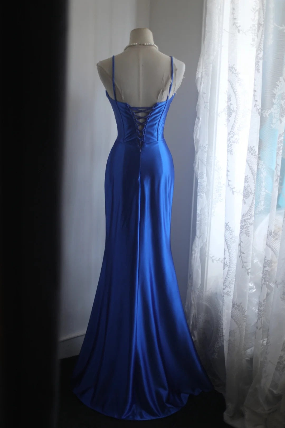 Spaghetti Straps Royal Blue Satin Formal Prom Dress With Slit  P1888