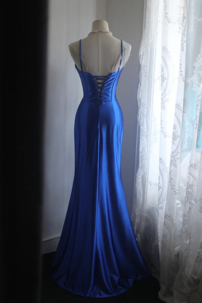 Spaghetti Straps Royal Blue Satin Formal Prom Dress With Slit  P1888
