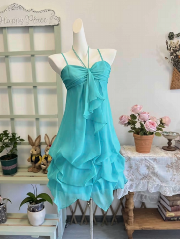 Spaghetti Straps Ruffled Blue Chiffon Retro Homecoming Dress  P2122