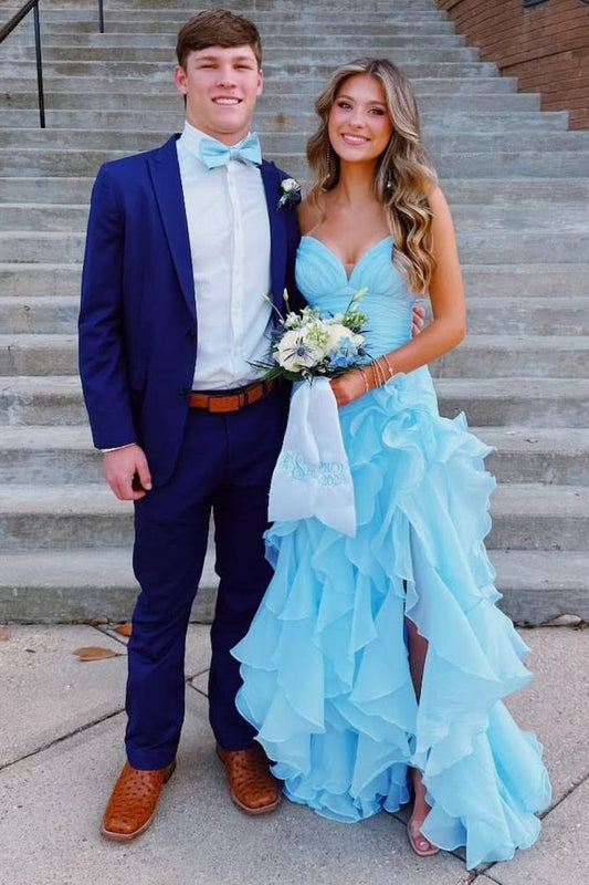 Spaghetti Straps Ruffled Blue Prom Dress A Line Evening Gown  P1646