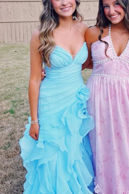 Spaghetti Straps Ruffled Blue Prom Dress A Line Evening Gown  P1646