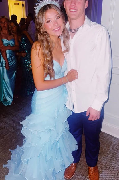 Spaghetti Straps Ruffled Blue Prom Dress A Line Evening Gown  P1646