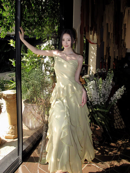 Spaghetti Straps Ruffled Green Wedding Guest Dress Chiffon Prom Dress P1650