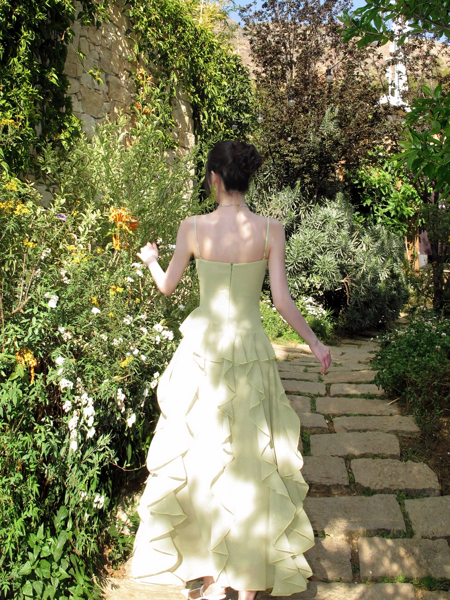 Spaghetti Straps Ruffled Green Wedding Guest Dress Chiffon Prom Dress P1650