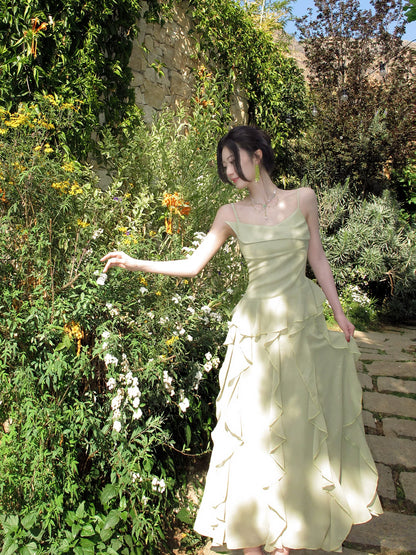 Spaghetti Straps Ruffled Green Wedding Guest Dress Chiffon Prom Dress P1650