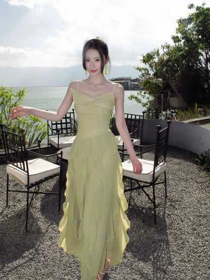 Spaghetti Straps Ruffled Green Wedding Guest Dress Chiffon Prom Dress P1650